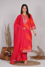 Pure cotton premium hand work detailing suit set in red n orange