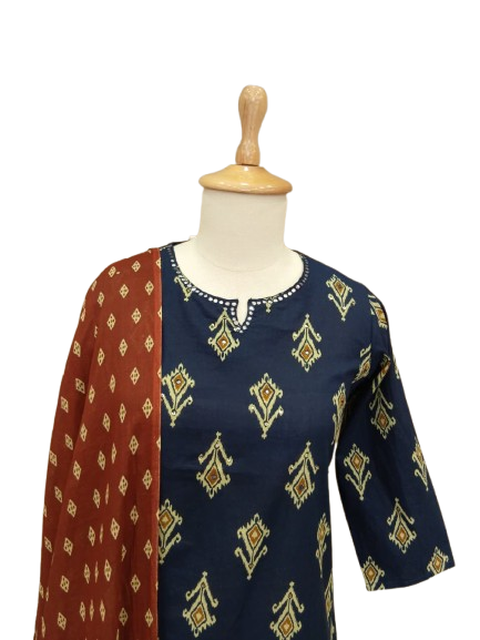 Pure cotton Ikkat print suit in blue n red