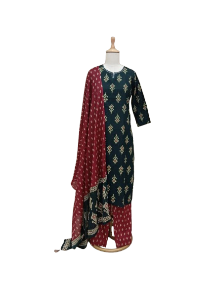 Pure cotton Ikkat print suit in green n red