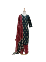 Pure cotton Ikkat print suit in green n red