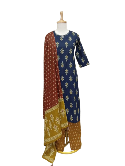 Pure cotton Ikkat print suit in blue n red