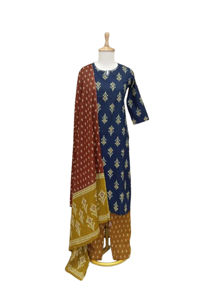 Pure cotton Ikkat print suit in blue n red