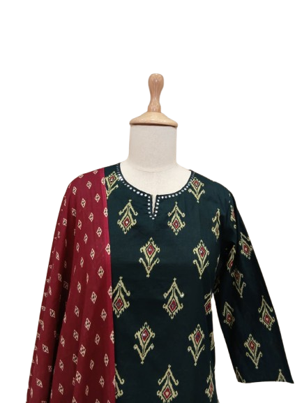 Pure cotton Ikkat print suit in green n red
