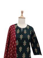 Pure cotton Ikkat print suit in green n red