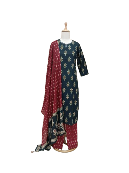 Pure cotton Ikkat print suit in green n red