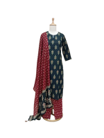 Pure cotton Ikkat print suit in green n red