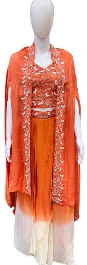 Chinon pleated skirt paired with organza dupatta designer party wear (extra margin available) in orange
