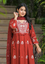 Designer pure cotton full embroidered suit set in red