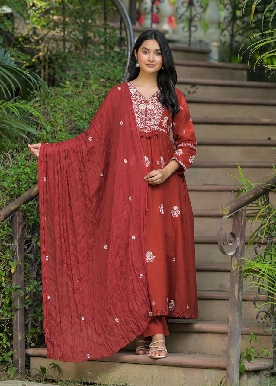 Designer pure cotton full embroidered suit set in red