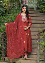 Designer pure cotton full embroidered suit set in red