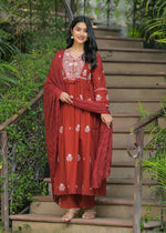 Designer pure cotton full embroidered suit set in red