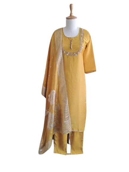 Yellow shimmer tissue hand work suit set