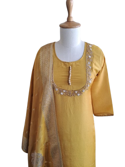Yellow shimmer tissue hand work suit set