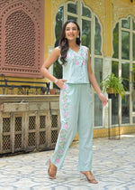 Designer blue embroidered cotton co ord in blue