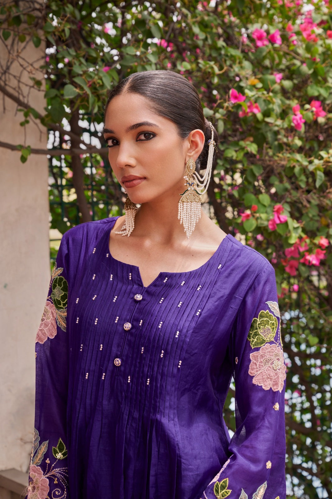 Appliqué work Mul Chanderi suit set in purple