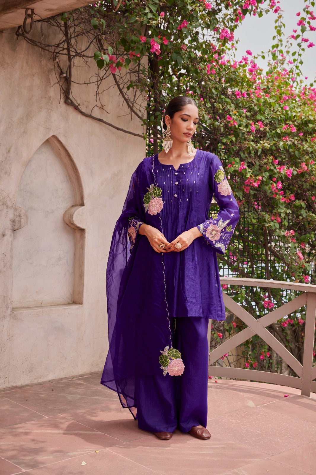 Appliqué work Mul Chanderi suit set in purple