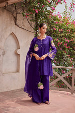 Appliqué work Mul Chanderi suit set in purple