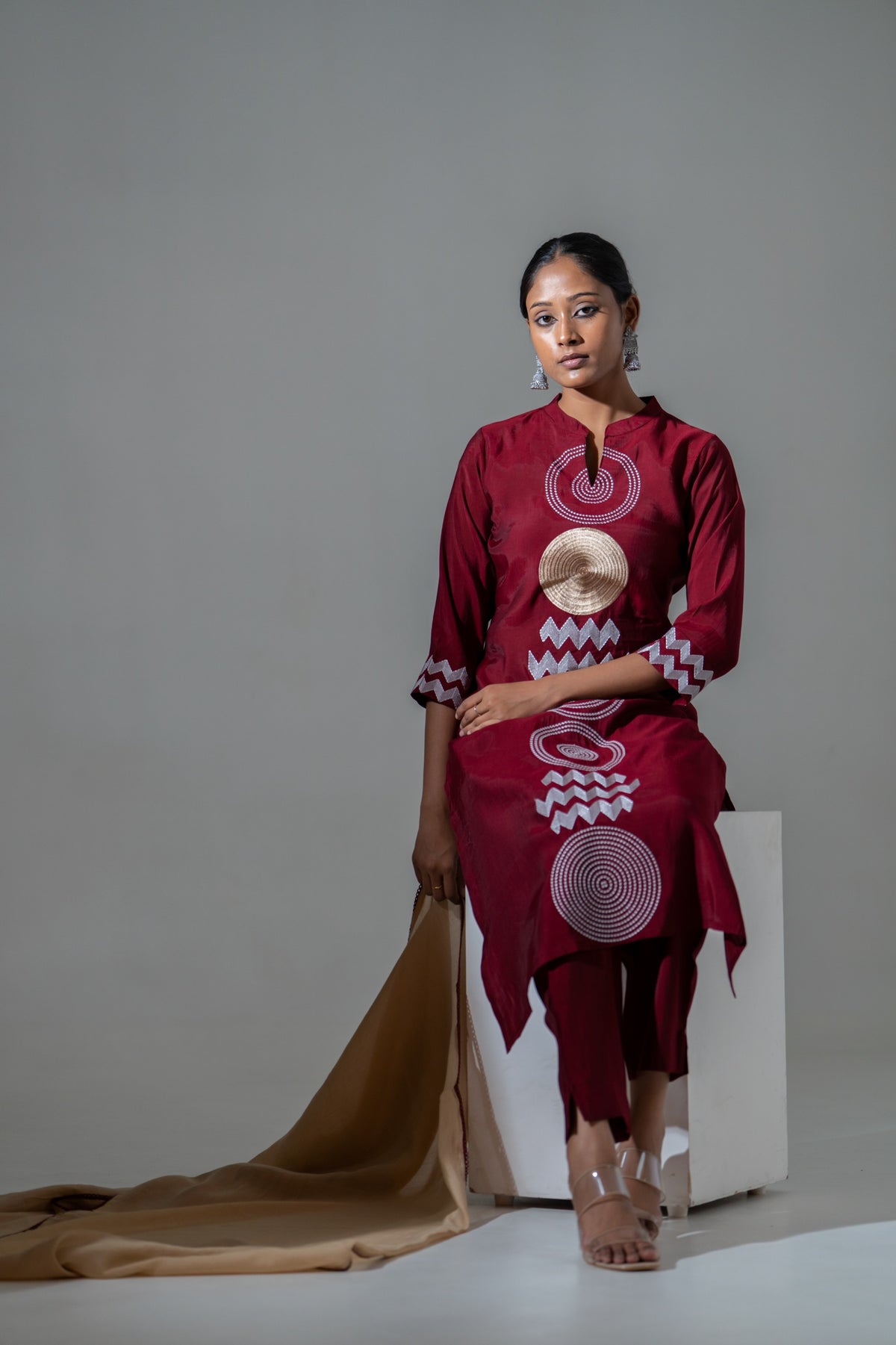 Pretty soft muslin embroidered suit set in red