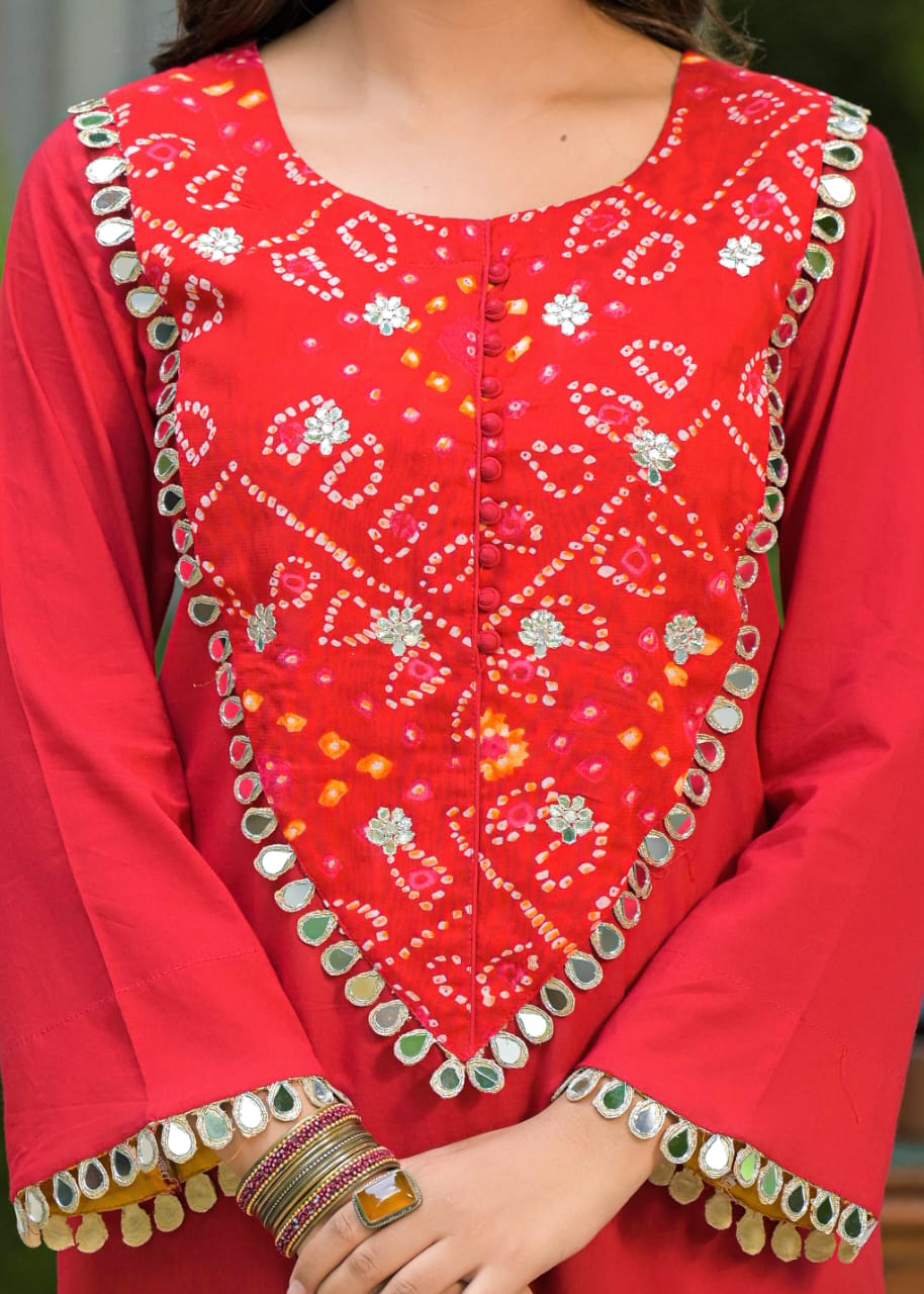 Red bandhani cotton kurta pant