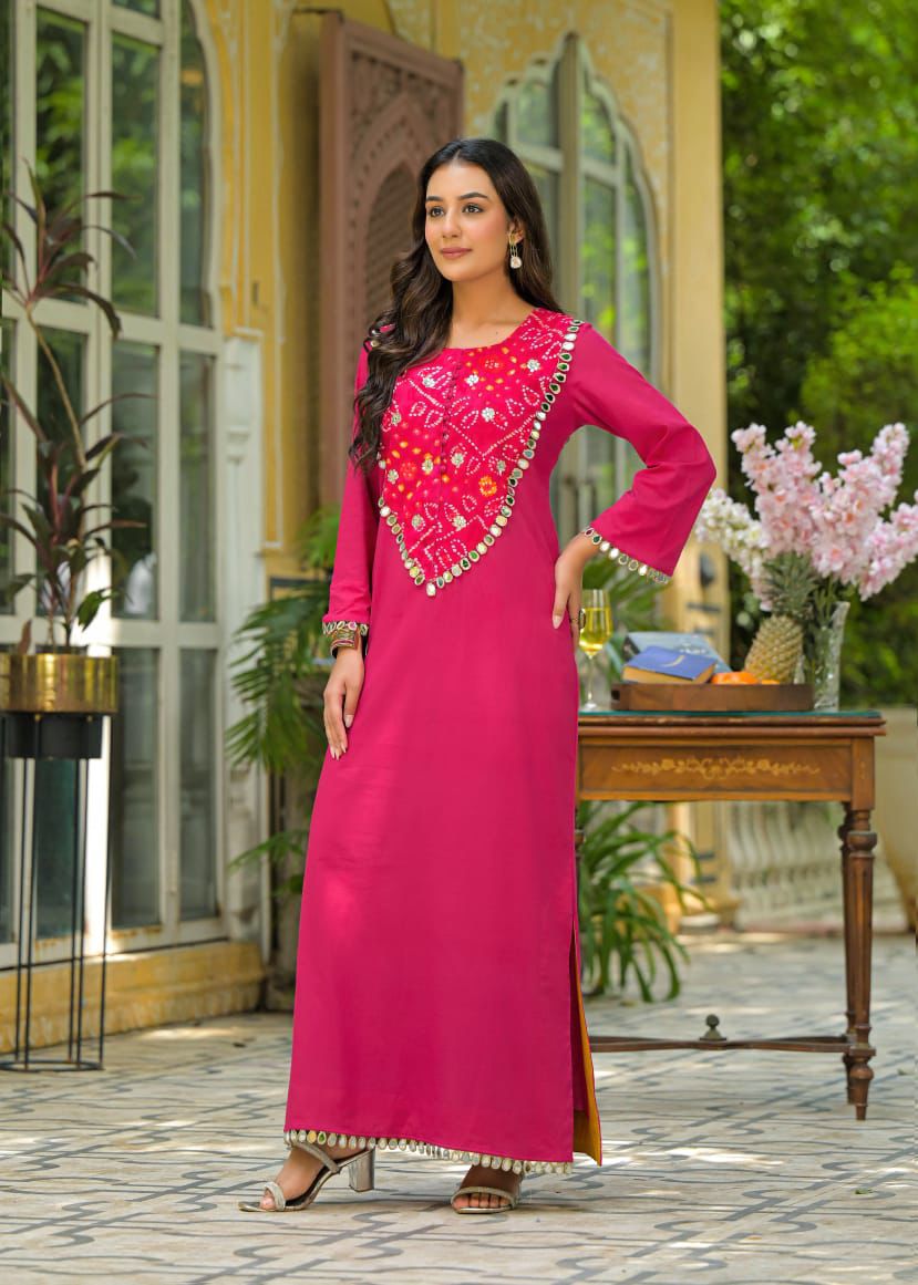 Pink bandhani cotton kurta pant