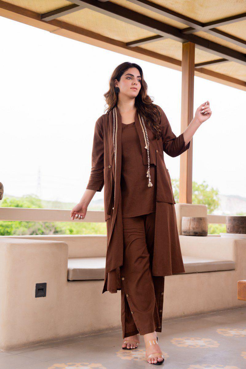 Designer cotton jacket pattern co ord set in brown
