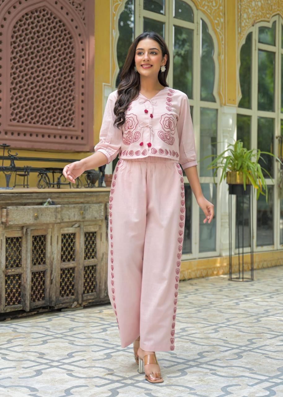 Designer embroidered cotton co ord in pink
