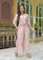 Designer embroidered cotton co ord in pink