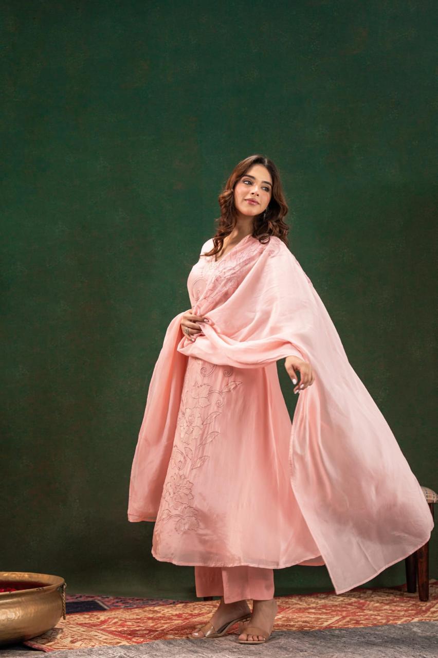 Pure organza appliqué work suit set in pink