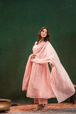 Pure organza appliqué work suit set in pink