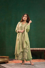 Pure organza appliqué work suit set in green