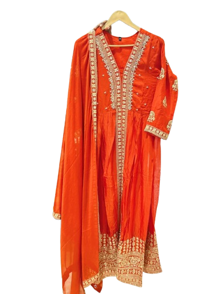 Pure chinon hand work suit set in orange