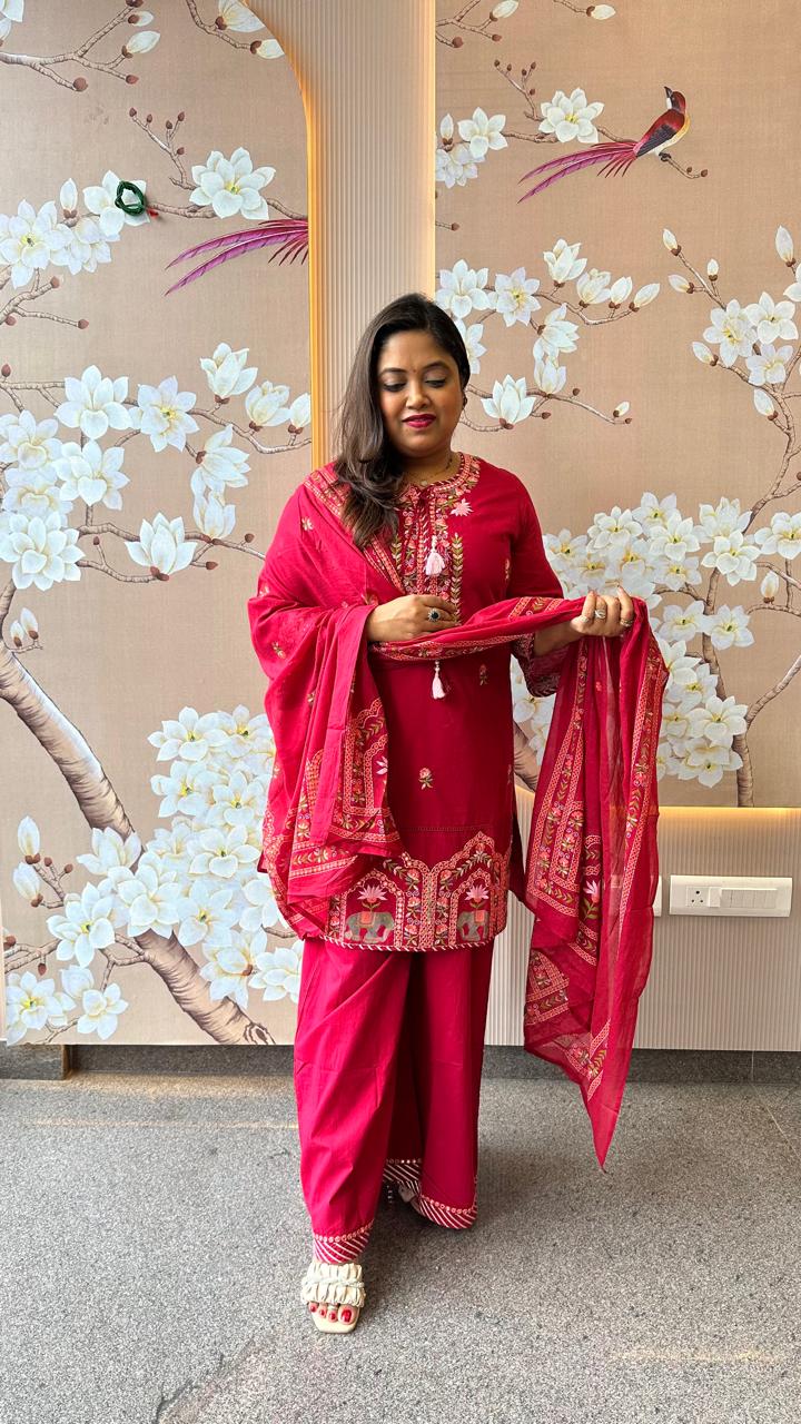 Pire cotton with heavy embroidery n palazzo pant in pink