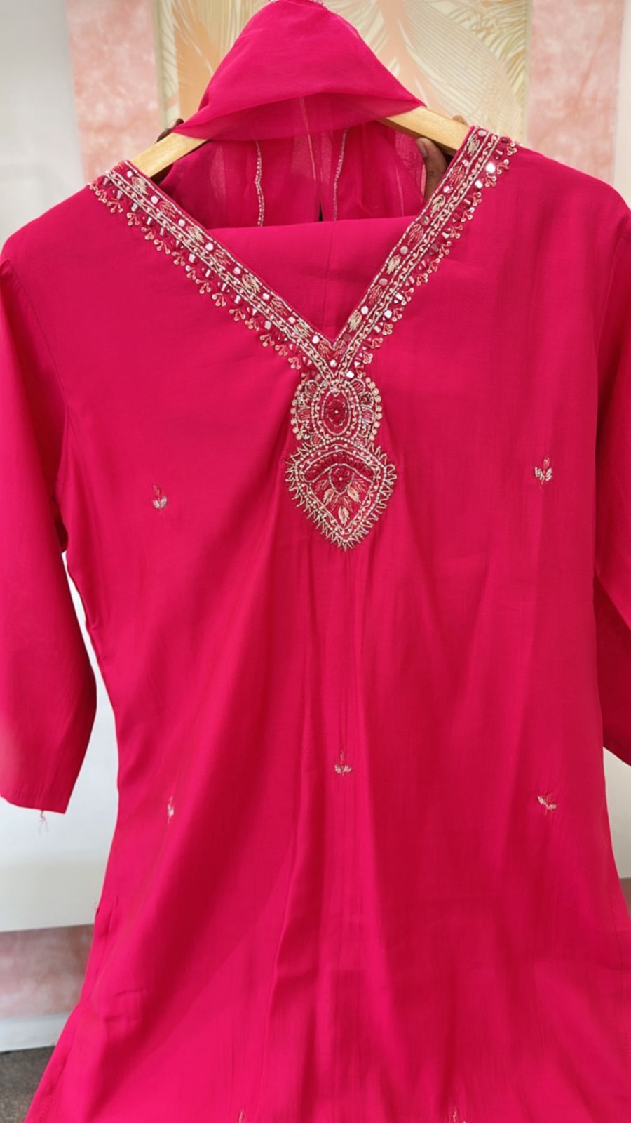 Roman silk zari detailing suit set paired with orgenza dupatta