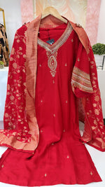 Pretty dola silk hand work suit set paired with Banarasi dupatta