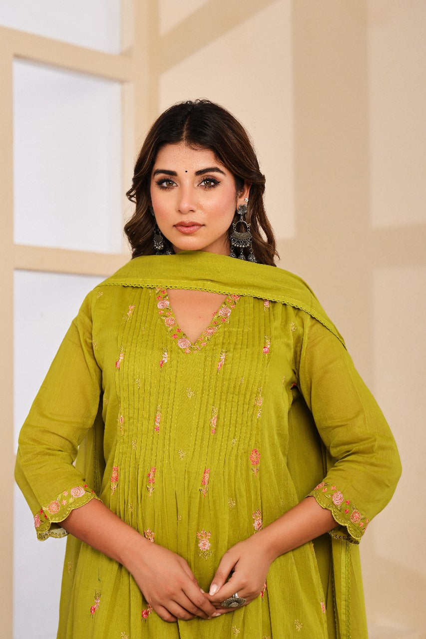 Super pretty Mul cotton embroidered full suit in green