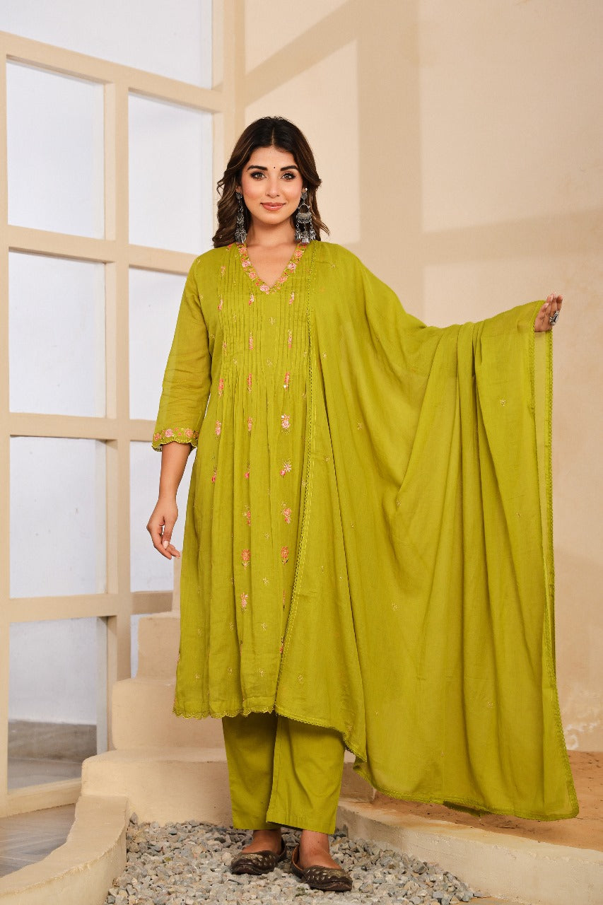 Super pretty Mul cotton embroidered full suit in green