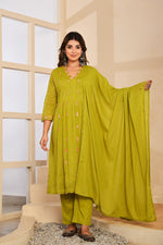 Super pretty Mul cotton embroidered full suit in green