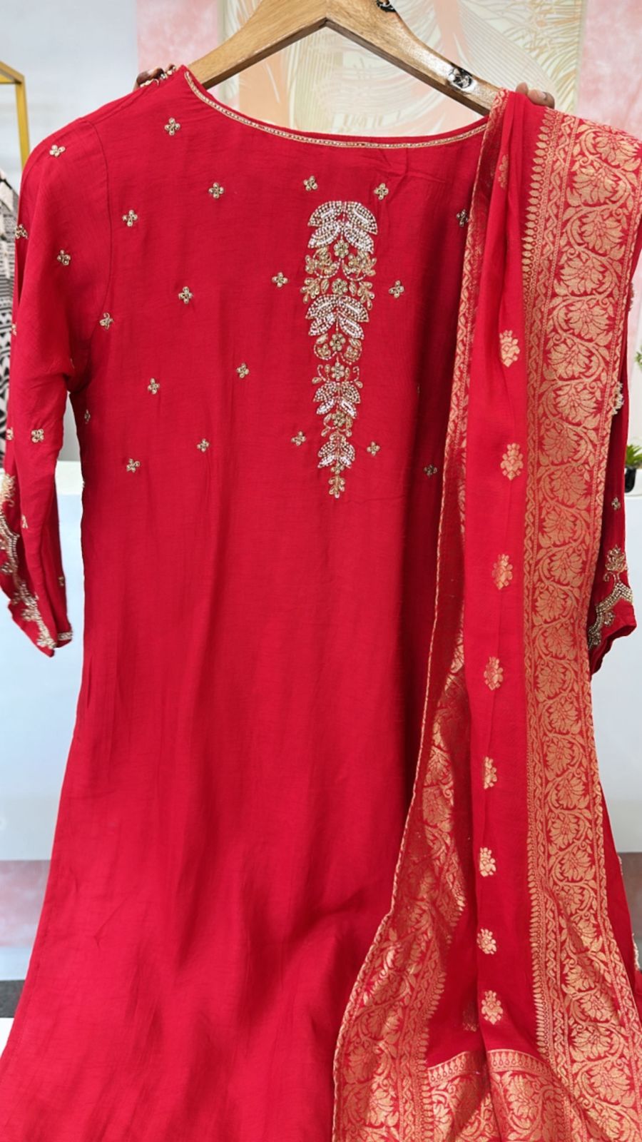 Pretty red dola silk handwork suit with designer back