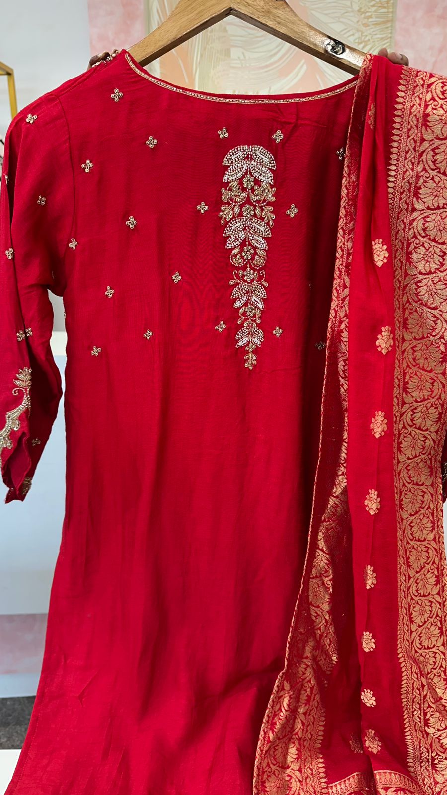Pretty red dola silk handwork suit with designer back