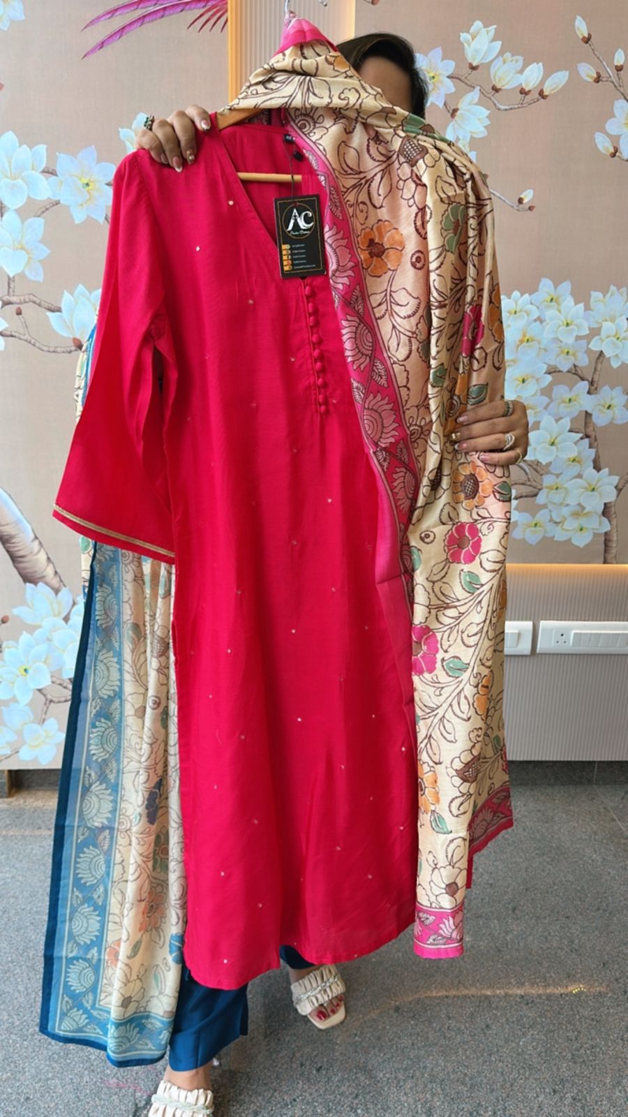 Pretty Russian silk suit set paired with Kalamkari dupatta in pink