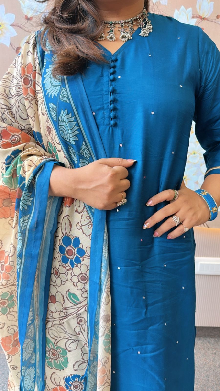 Pretty Russian silk suit set paired with Kalamkari dupatta in blue