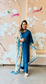 Pretty Russian silk suit set paired with Kalamkari dupatta in blue