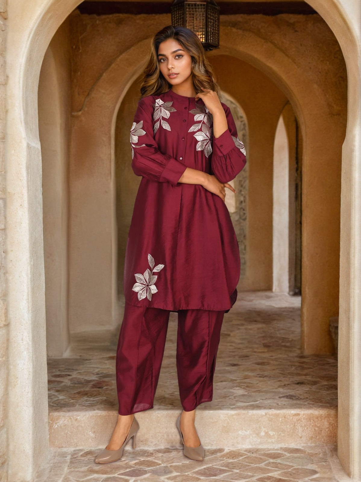 Pretty plum Zari embroidered co ord