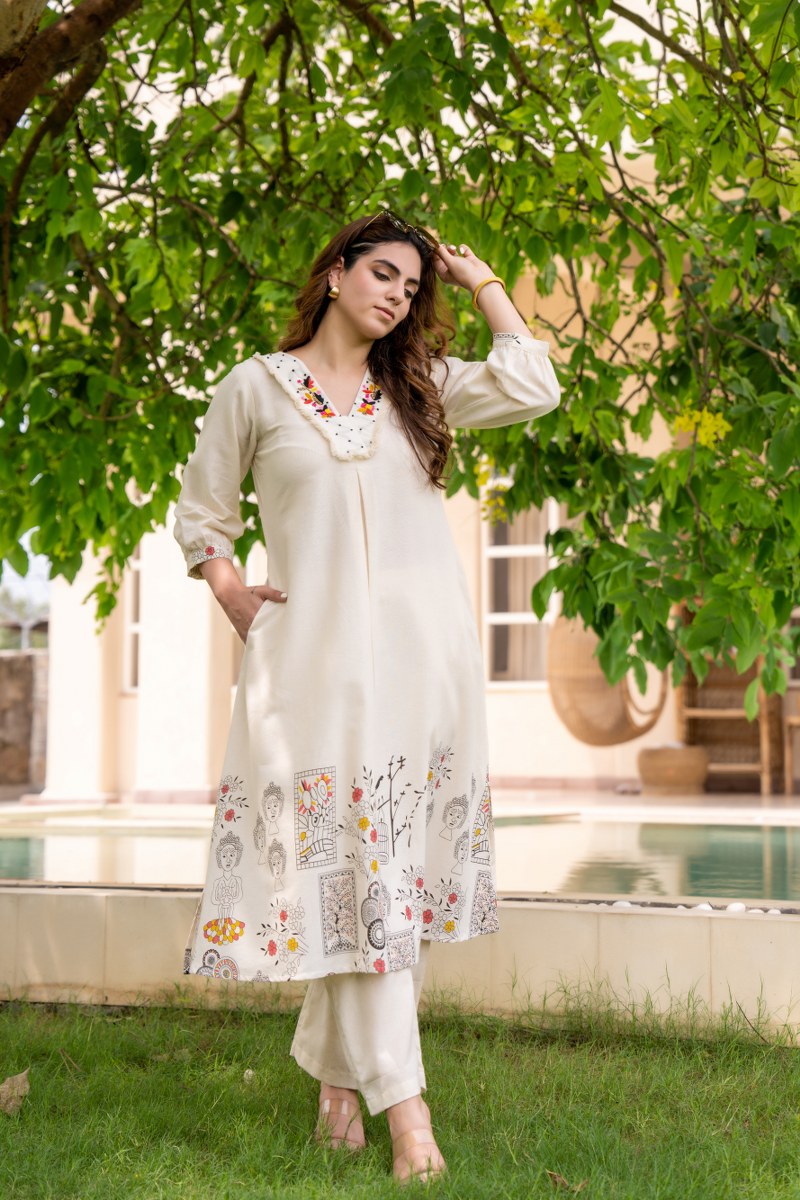 Pretty cotton V neck kurta pant