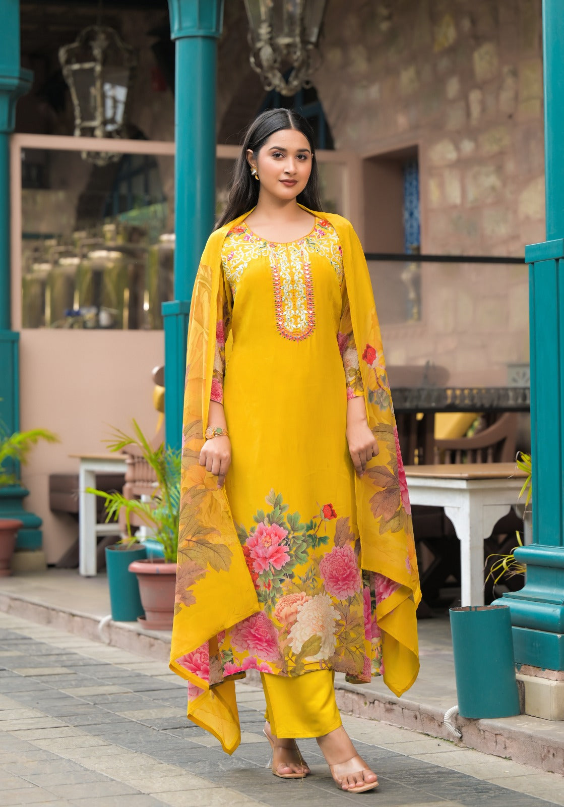 Pure crepe embroidered A lime suit set