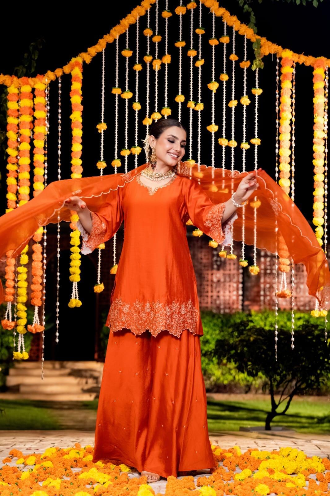 Restock on high demand ! Cut work dupatta mocca silk palazzo suit set in orange