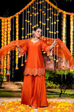 Restock on high demand ! Cut work dupatta mocca silk palazzo suit set in orange