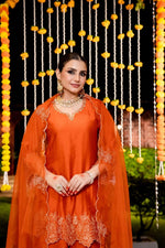 Restock on high demand ! Cut work dupatta mocca silk palazzo suit set in orange