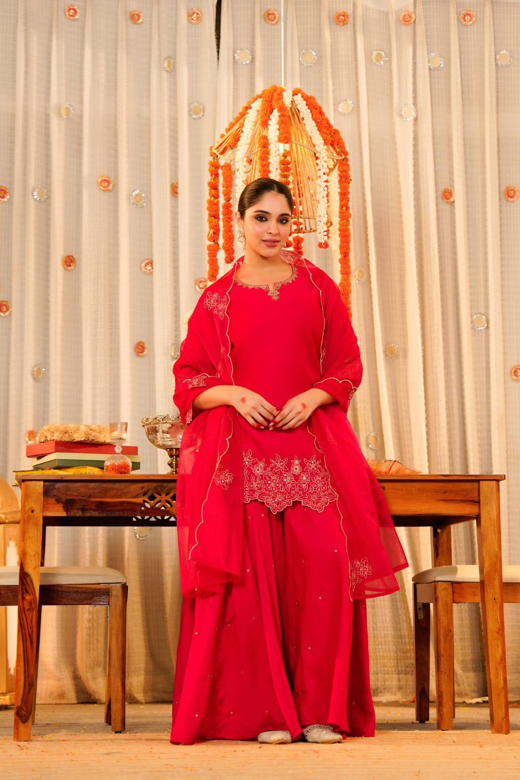 Restock on high demand ! Cut work dupatta mocca silk palazzo suit set in pink