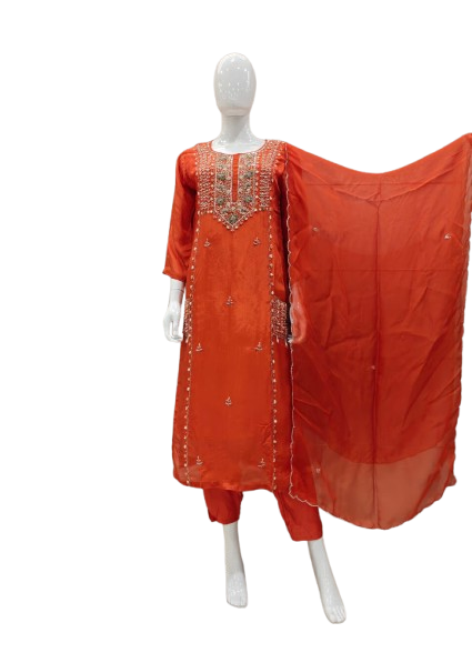 Pure crepe designer pocket embellished suit set in orange